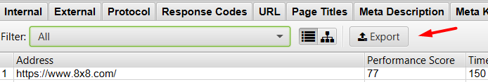 Screaming Frog PageSpeed Insights integration showing exported Performance Score data